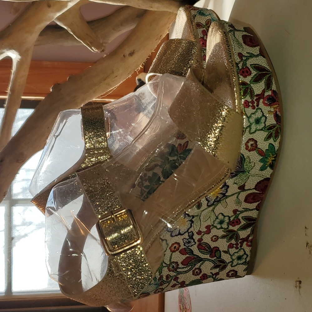 Gold open toe wedges